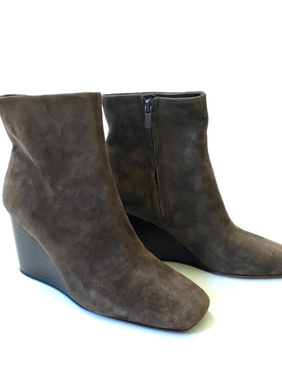 Vince Andy Suede Wedge Ankle Booties Boots Womens 37 7 Brown Square Toe Side Zip - Picture 2 of 9